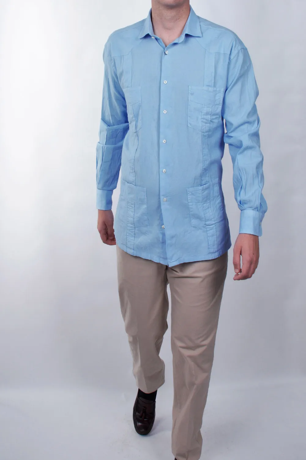 Camisa guayabera de hombre manga larga azul CARAVAGGIO