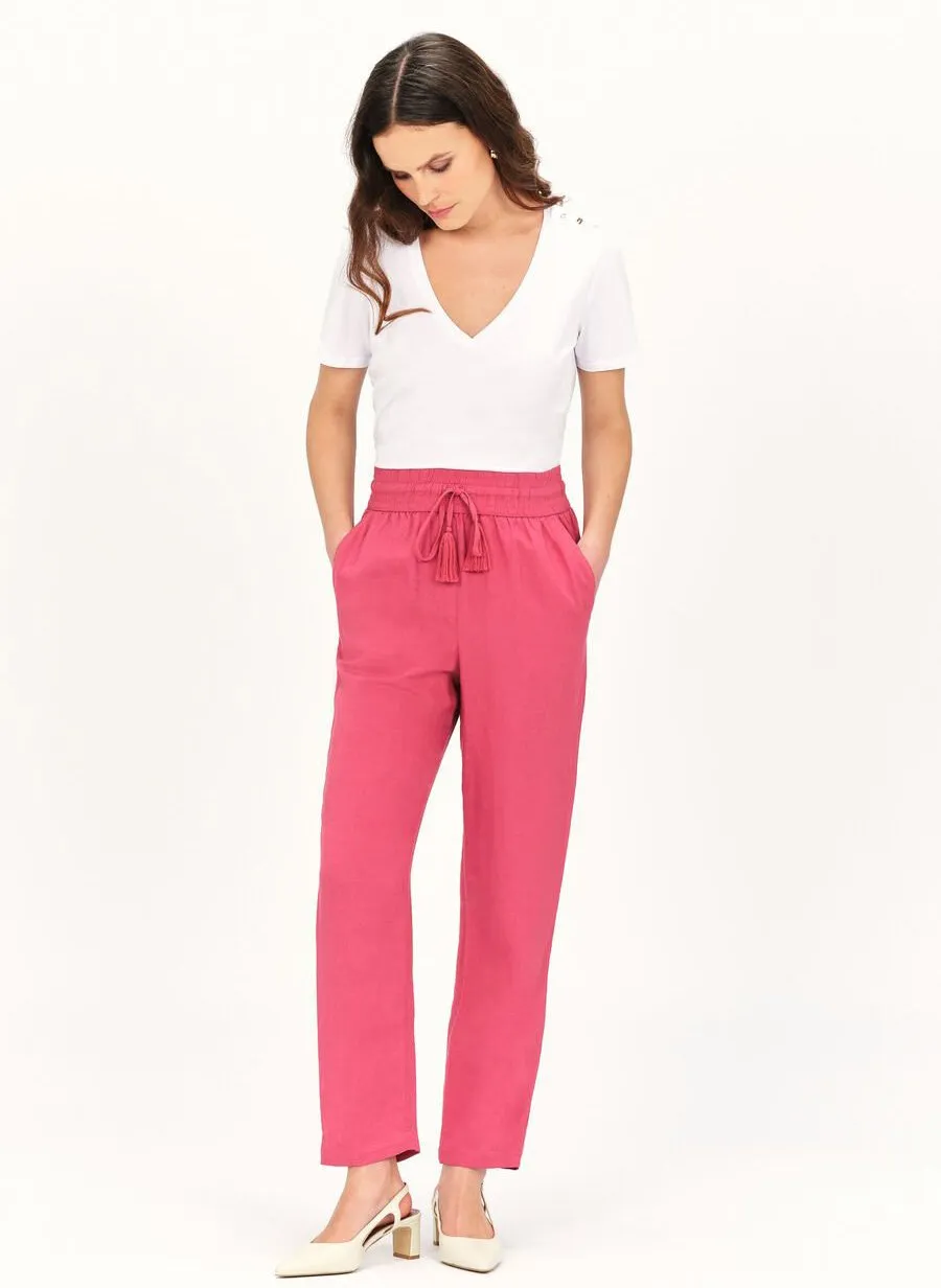 CAROLL PLUC  PANTALóN RECTO DE MEZCLA DE LINO CON PINZAS EN ROJO