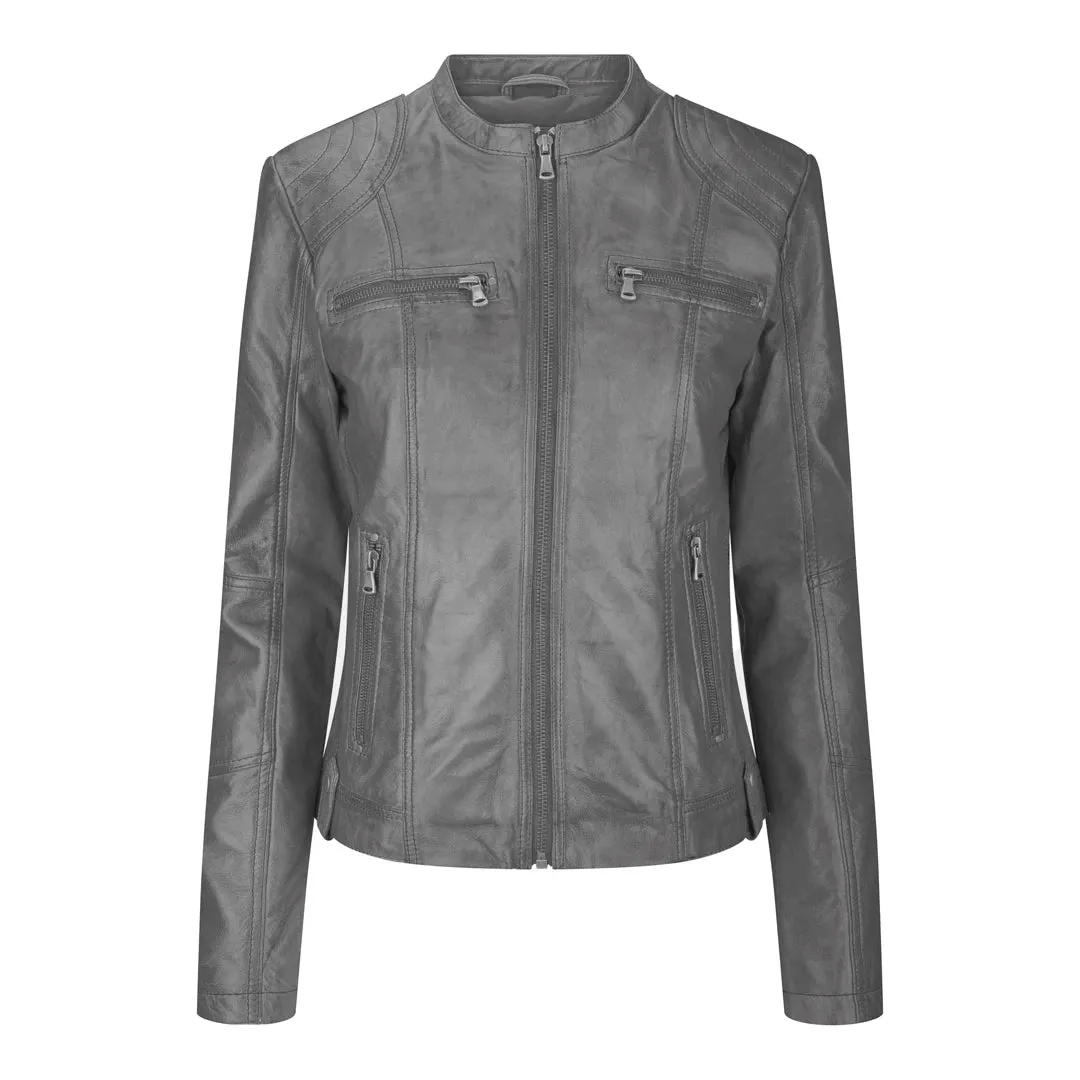 Chaqueta de cuero para mujeres corta equipada con collar chino