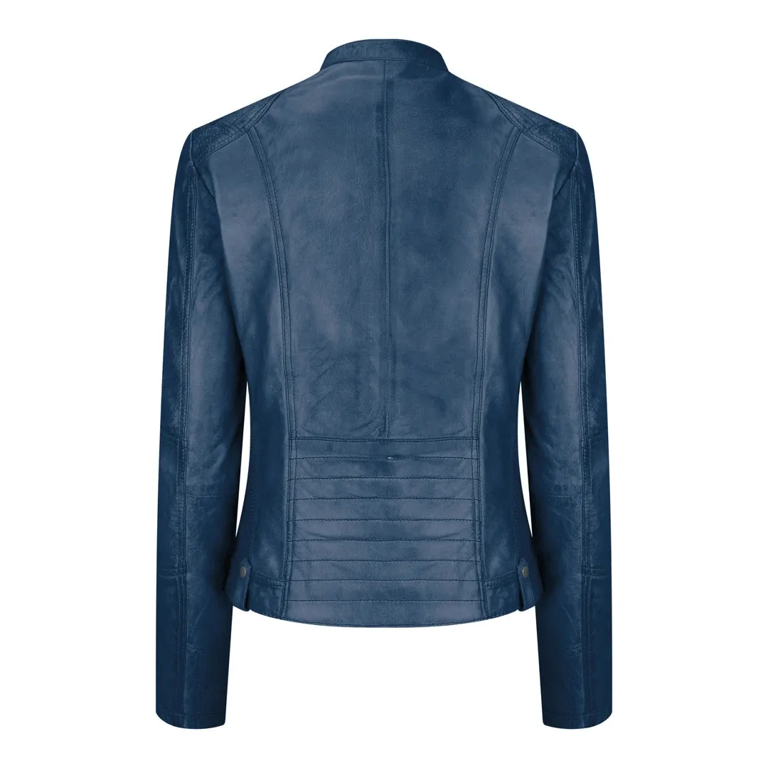 Chaqueta de cuero para mujeres corta equipada con collar chino