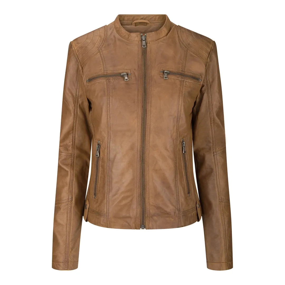 Chaqueta de cuero para mujeres corta equipada con collar chino