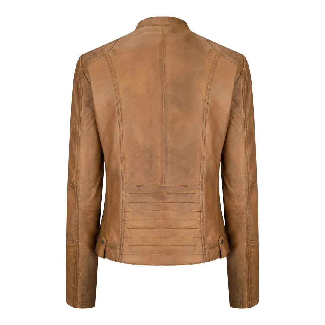 Chaqueta de cuero para mujeres corta equipada con collar chino