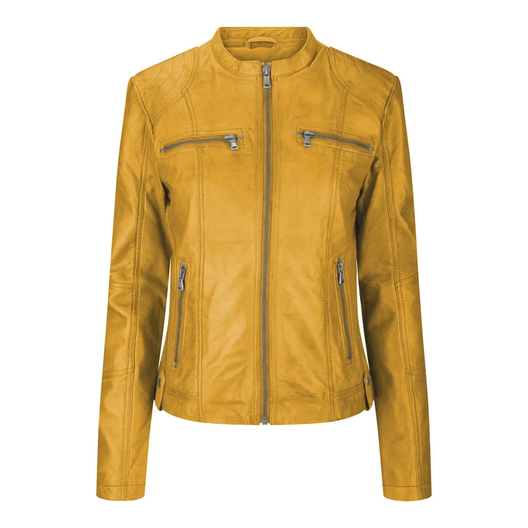 Chaqueta de cuero para mujeres corta equipada con collar chino