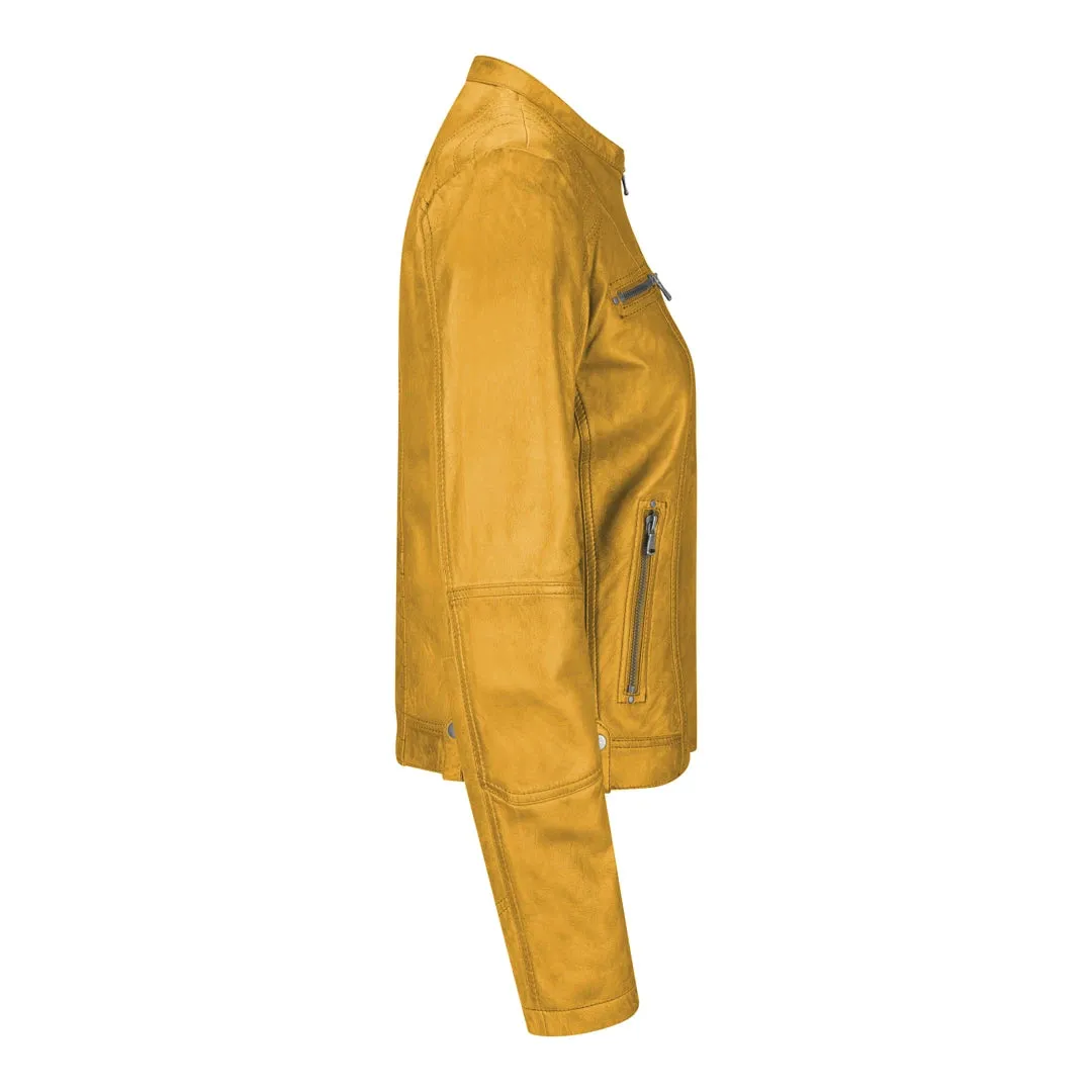 Chaqueta de cuero para mujeres corta equipada con collar chino
