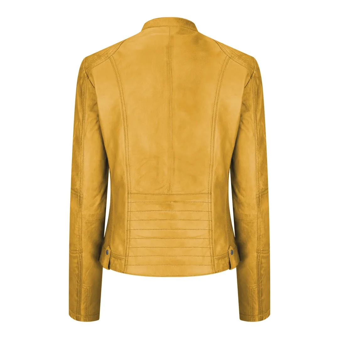 Chaqueta de cuero para mujeres corta equipada con collar chino