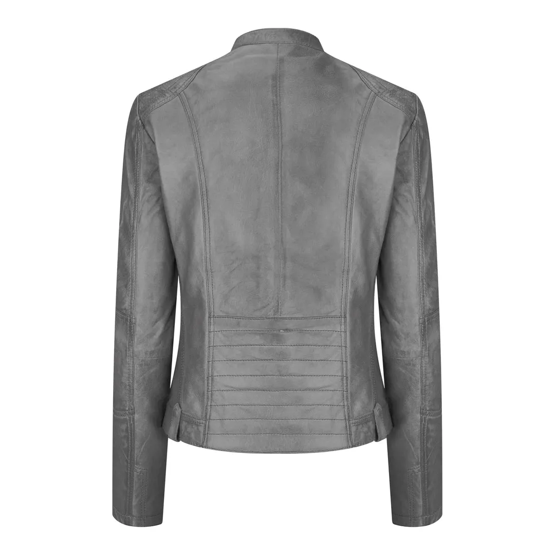 Chaqueta de cuero para mujeres corta equipada con collar chino