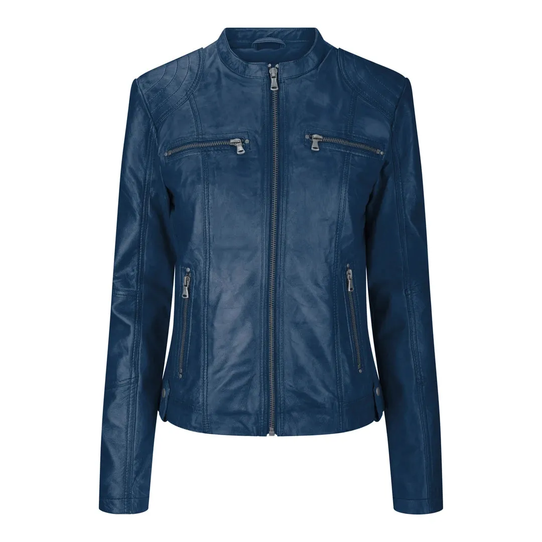 Chaqueta de cuero para mujeres corta equipada con collar chino