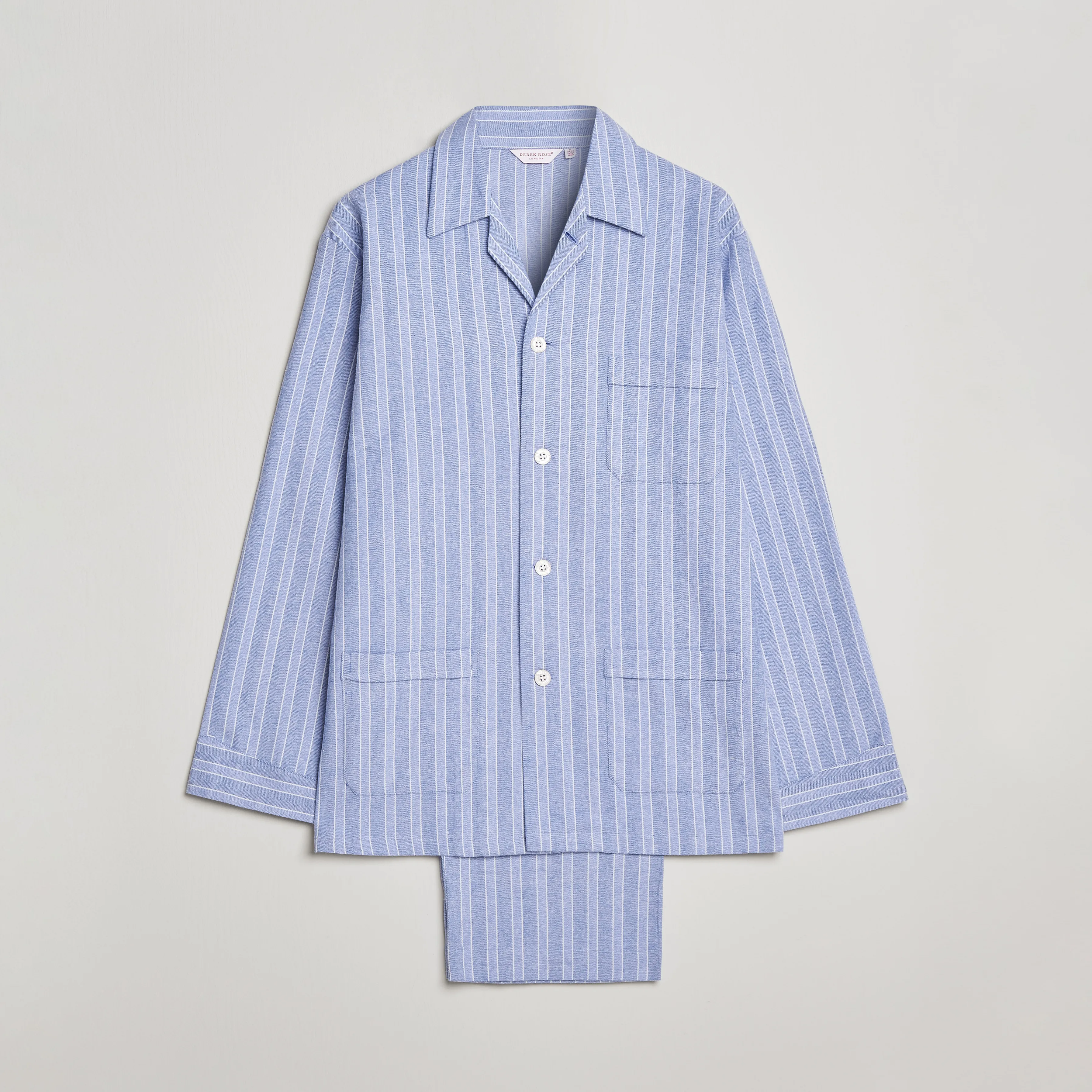 Derek Rose Brushed Cotton Flannel Striped Pyjama Set Blue