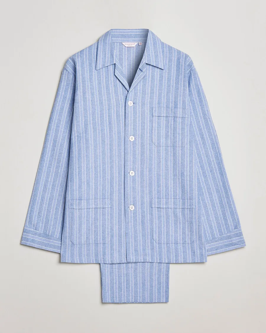 Derek Rose Brushed Cotton Flannel Striped Pyjama Set Blue