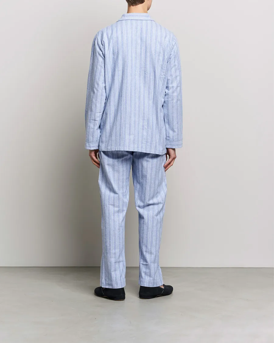 Derek Rose Brushed Cotton Flannel Striped Pyjama Set Blue