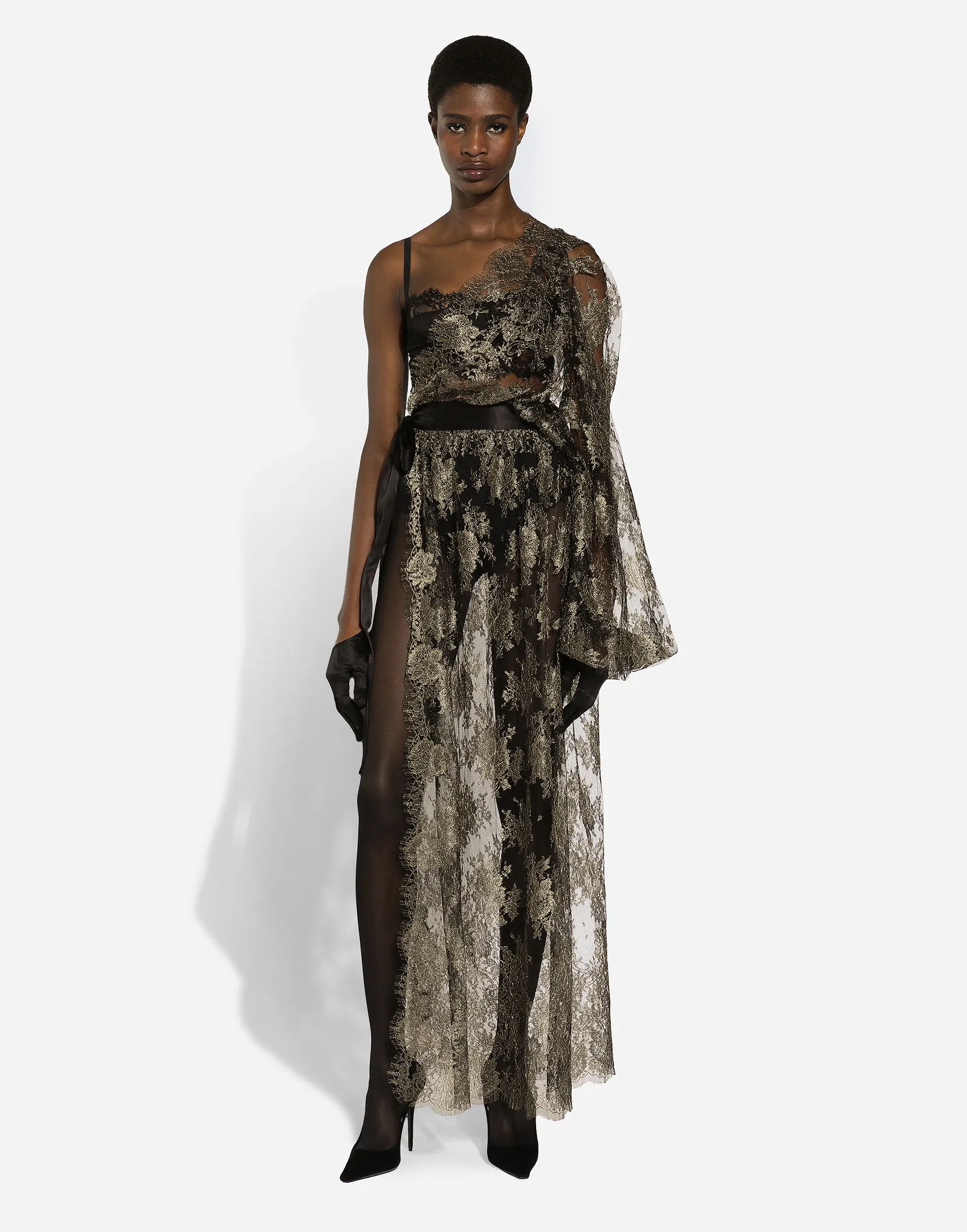 DOLCE & GABBANA ONESHOULDER LAMé CHANTILLY LACE DRESS