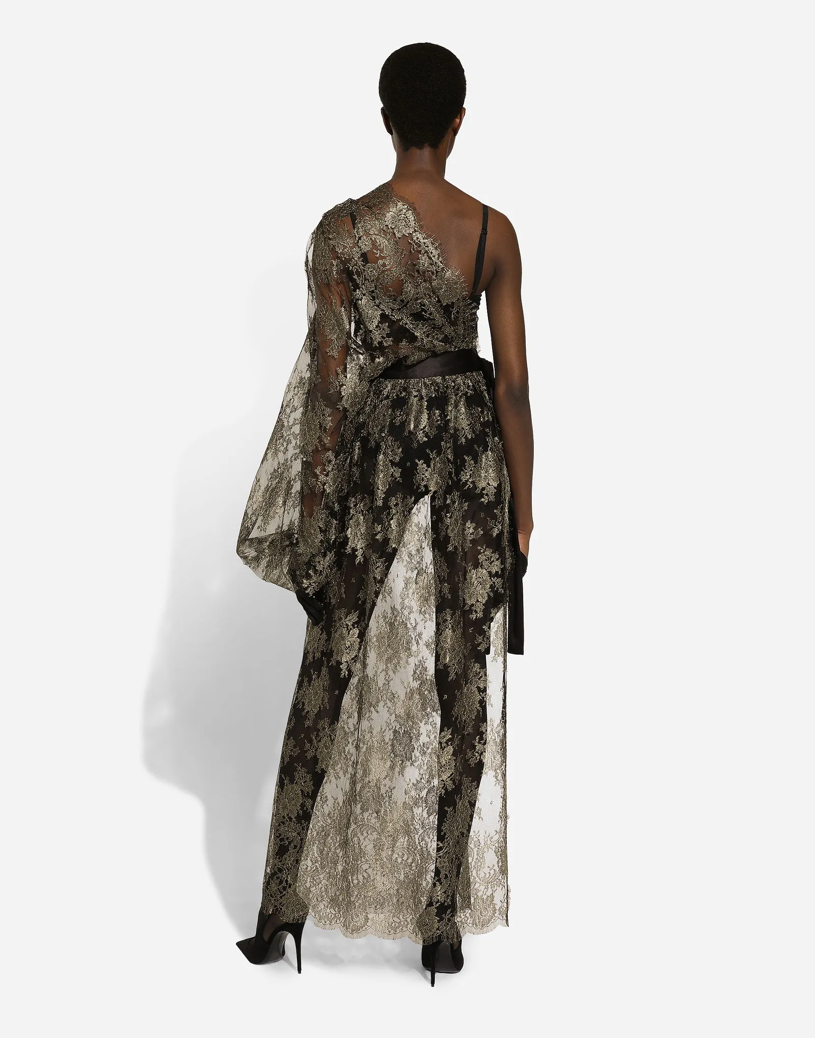 DOLCE & GABBANA ONESHOULDER LAMé CHANTILLY LACE DRESS