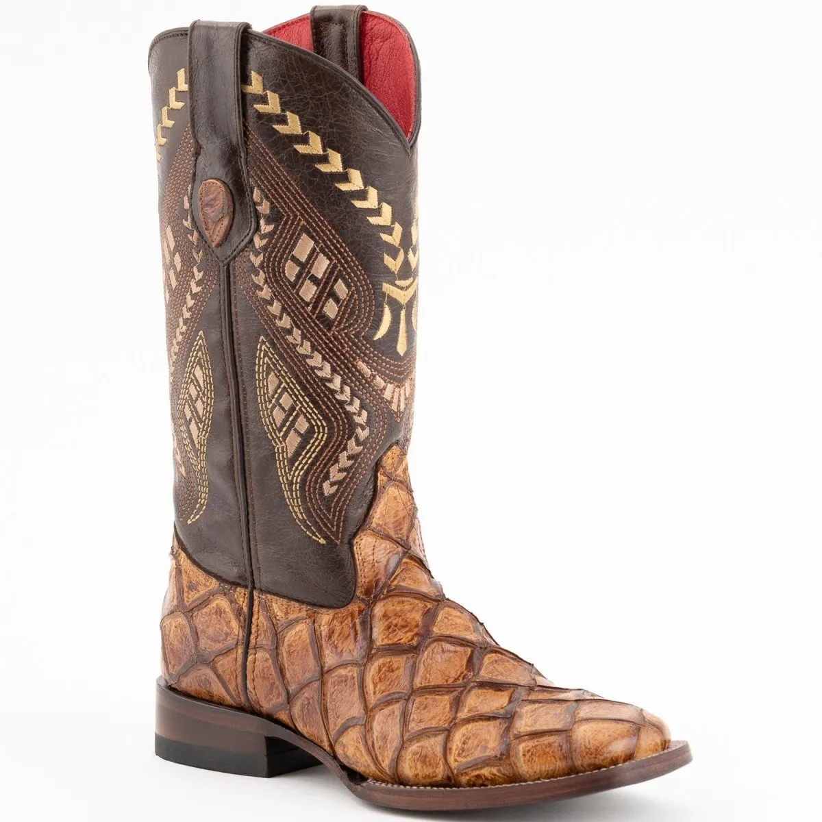 FERRINI WOMEN'S BRONCO SQUARE TOE BOOTS PIRARUCU FISH PRINT  COGNAC  9339361