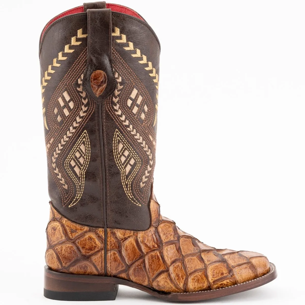 FERRINI WOMEN'S BRONCO SQUARE TOE BOOTS PIRARUCU FISH PRINT  COGNAC  9339361