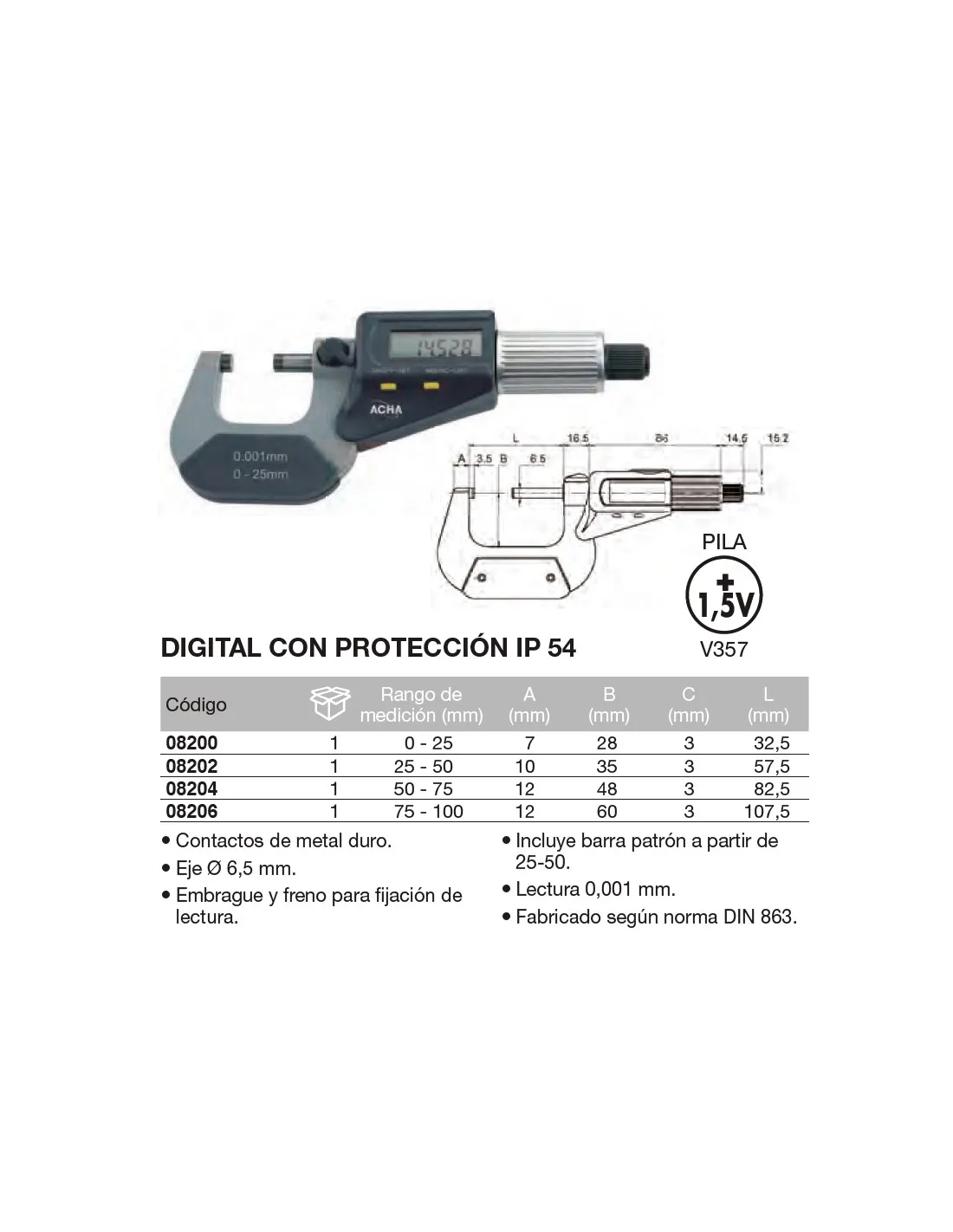 MICRóMETRO DE EXTER. DIGITAL CON PROTECCIóN IP 54 75100 / 0.001