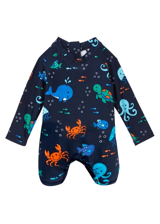 Mono de baño para bebés con protección UV Azul oscuro estampado