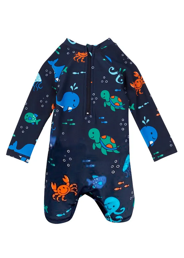 Mono de baño para bebés con protección UV Azul oscuro estampado