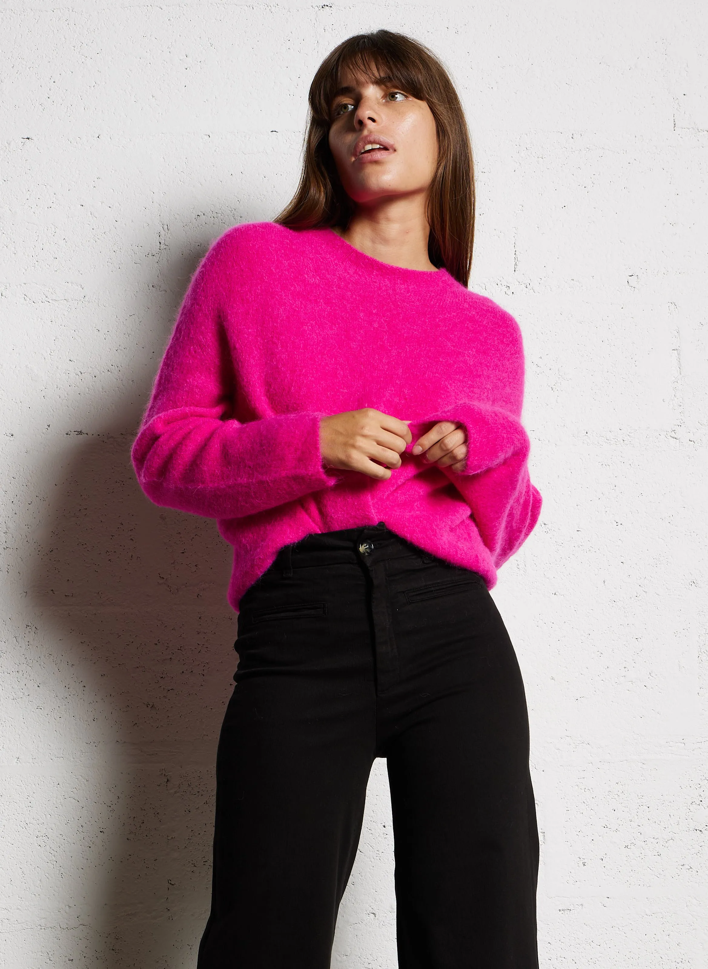 ONE STEP THELMA  JERSEY AMPLIO DE CUELLO REDONDO EN MEZCLA DE LANA DE ALPACA EN ROSA