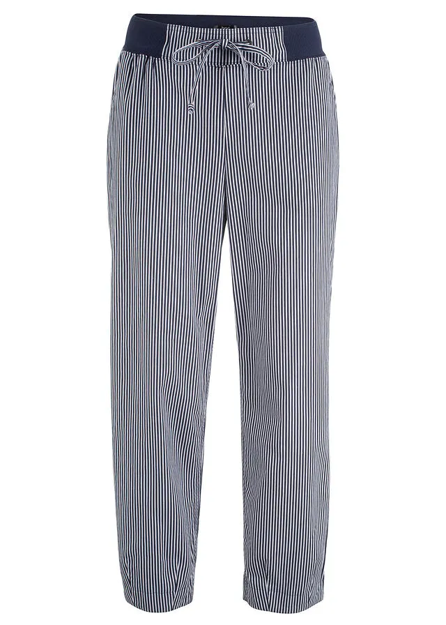 PANTALóN CAPRI DE LINO MEZCLADO AZUL OSCUROBLANCO DE RAYAS