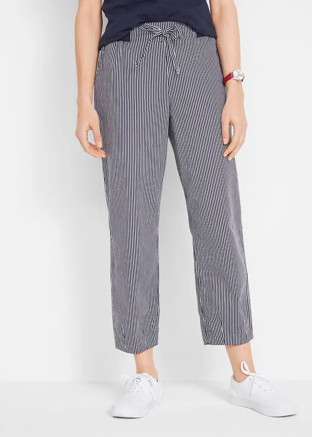 PANTALóN CAPRI DE LINO MEZCLADO AZUL OSCUROBLANCO DE RAYAS