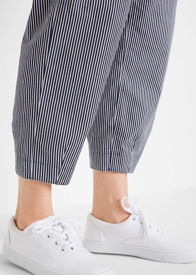 PANTALóN CAPRI DE LINO MEZCLADO AZUL OSCUROBLANCO DE RAYAS