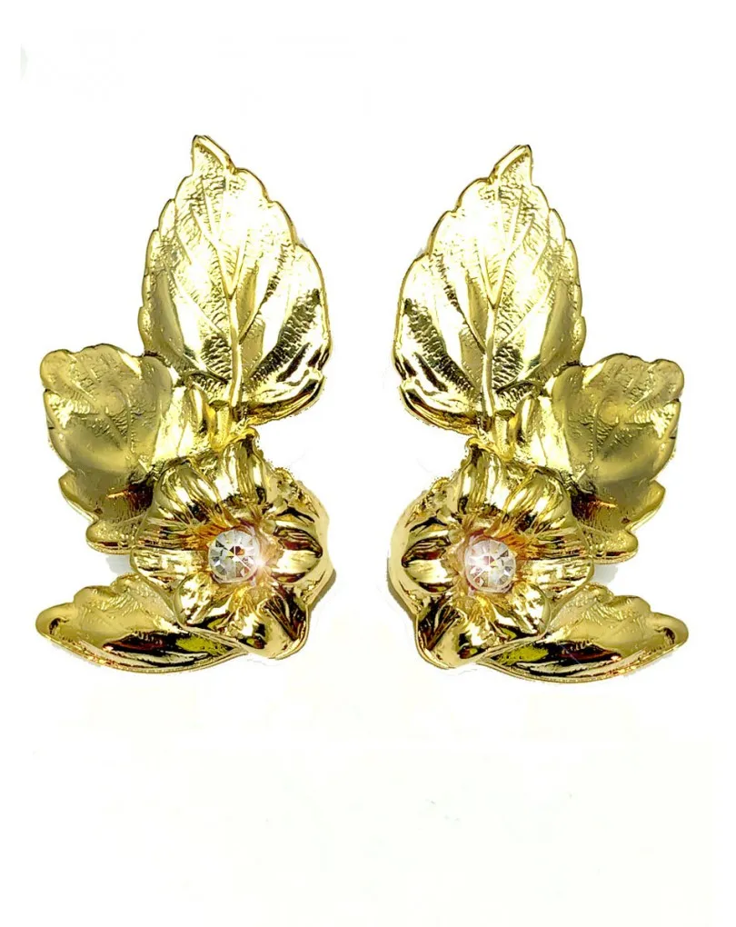 PENDIENTES DE MUJER  HOJAS Y FLORES CON BAÑO DE ORO DE 24 K 
