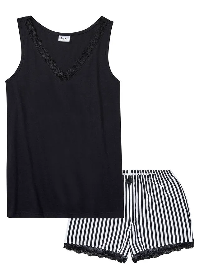 PIJAMA CORTO CON CAMISETA SIN MANGAS NEGROBLANCO DE RAYAS