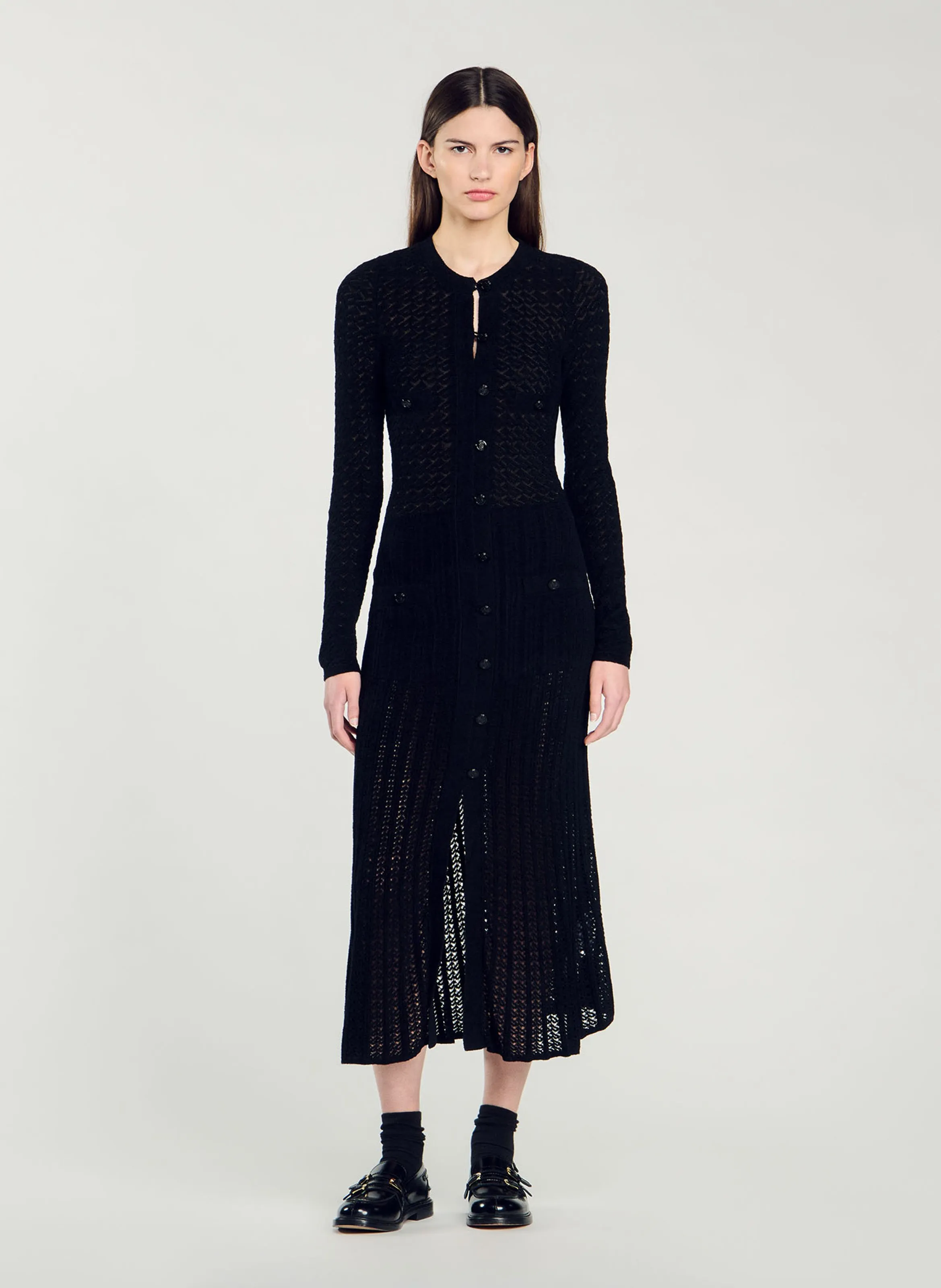 SANDRO Vestido largo de punto con efecto terciopelo en negro