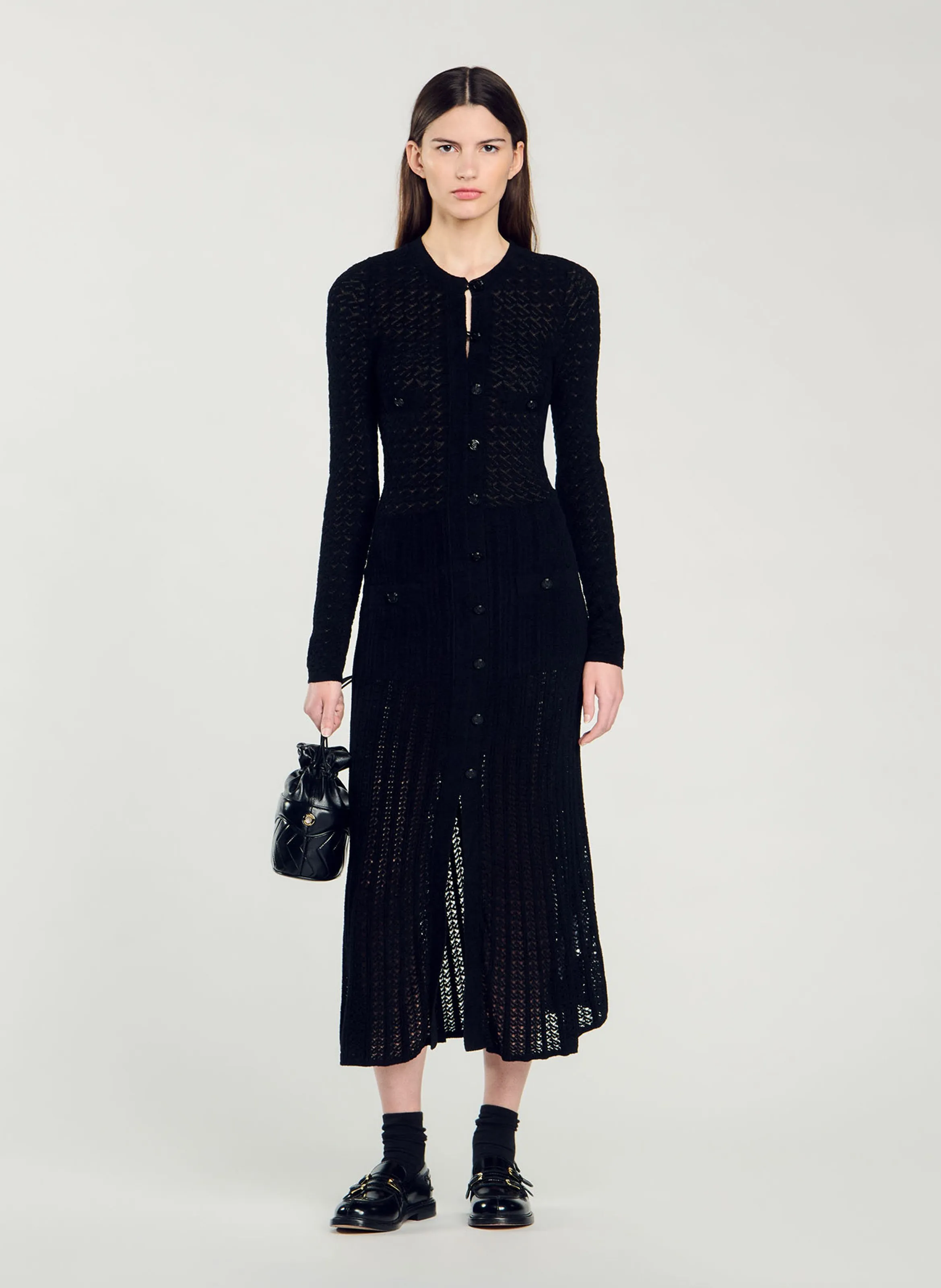 SANDRO Vestido largo de punto con efecto terciopelo en negro