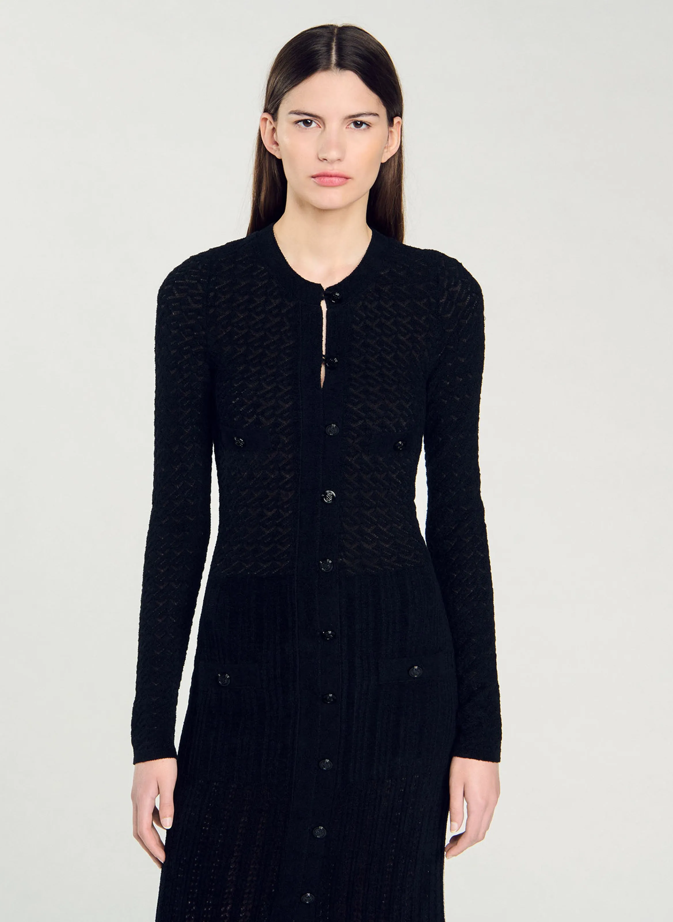 SANDRO Vestido largo de punto con efecto terciopelo en negro