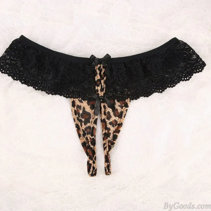 Sexy Leopard Underpants Bow Black Lace Lace Open Panties Intimate Lingerie