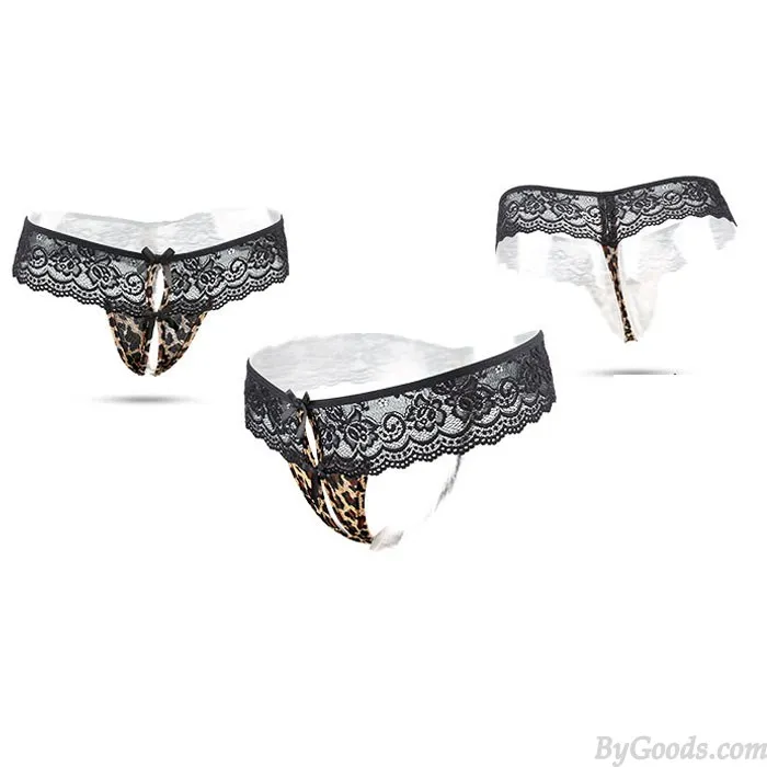 Sexy Leopard Underpants Bow Black Lace Lace Open Panties Intimate Lingerie