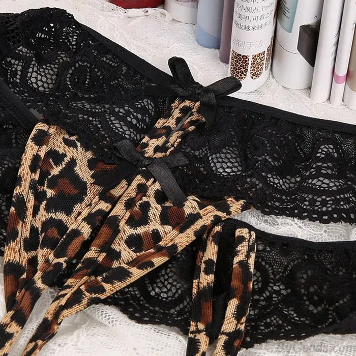 Sexy Leopard Underpants Bow Black Lace Lace Open Panties Intimate Lingerie