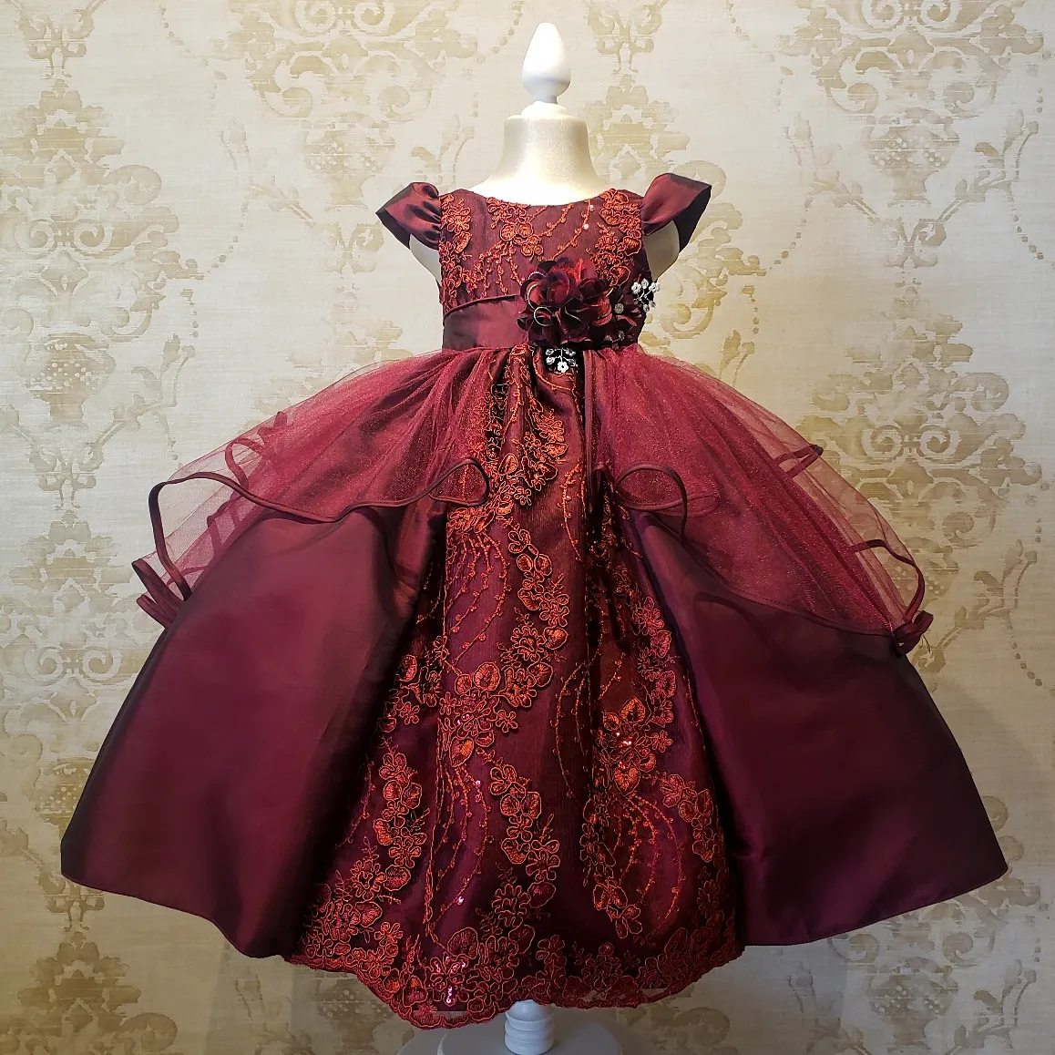 Vestido De Niña Fiesta Vino Encaje Bordado con Flor Talla 2 a 8 Años