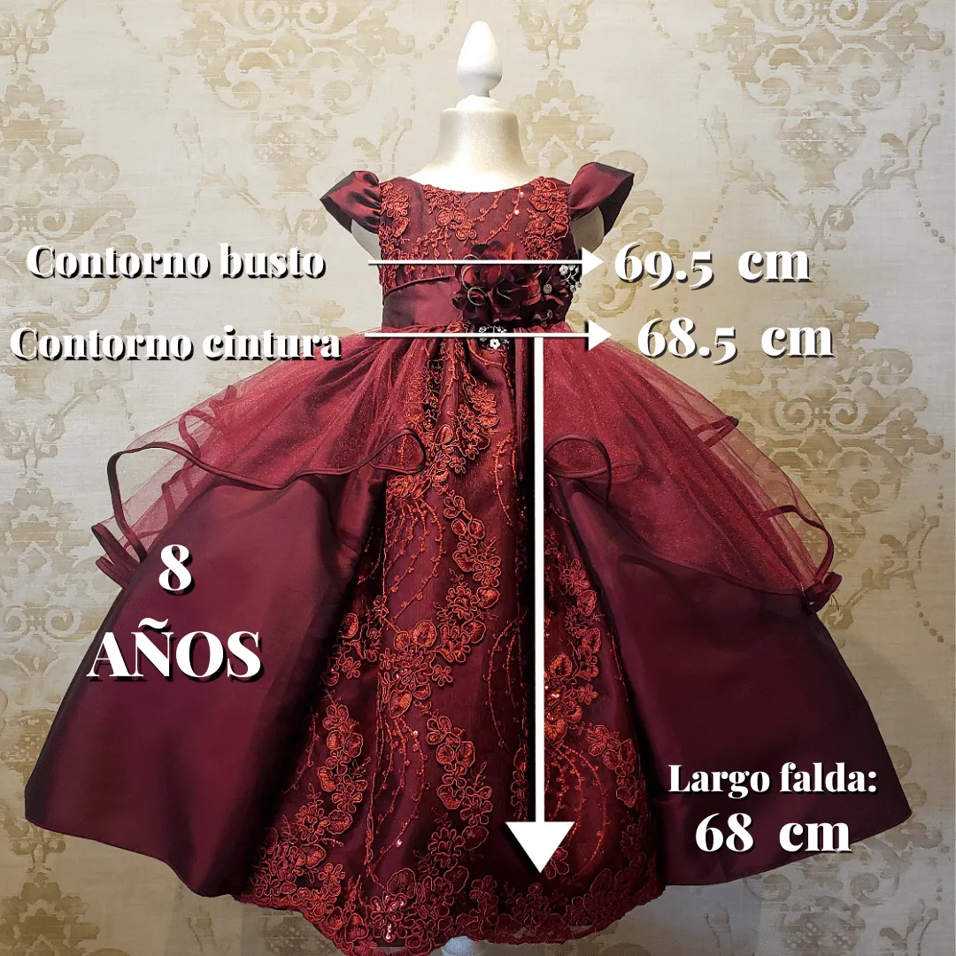 Vestido De Niña Fiesta Vino Encaje Bordado con Flor Talla 2 a 8 Años