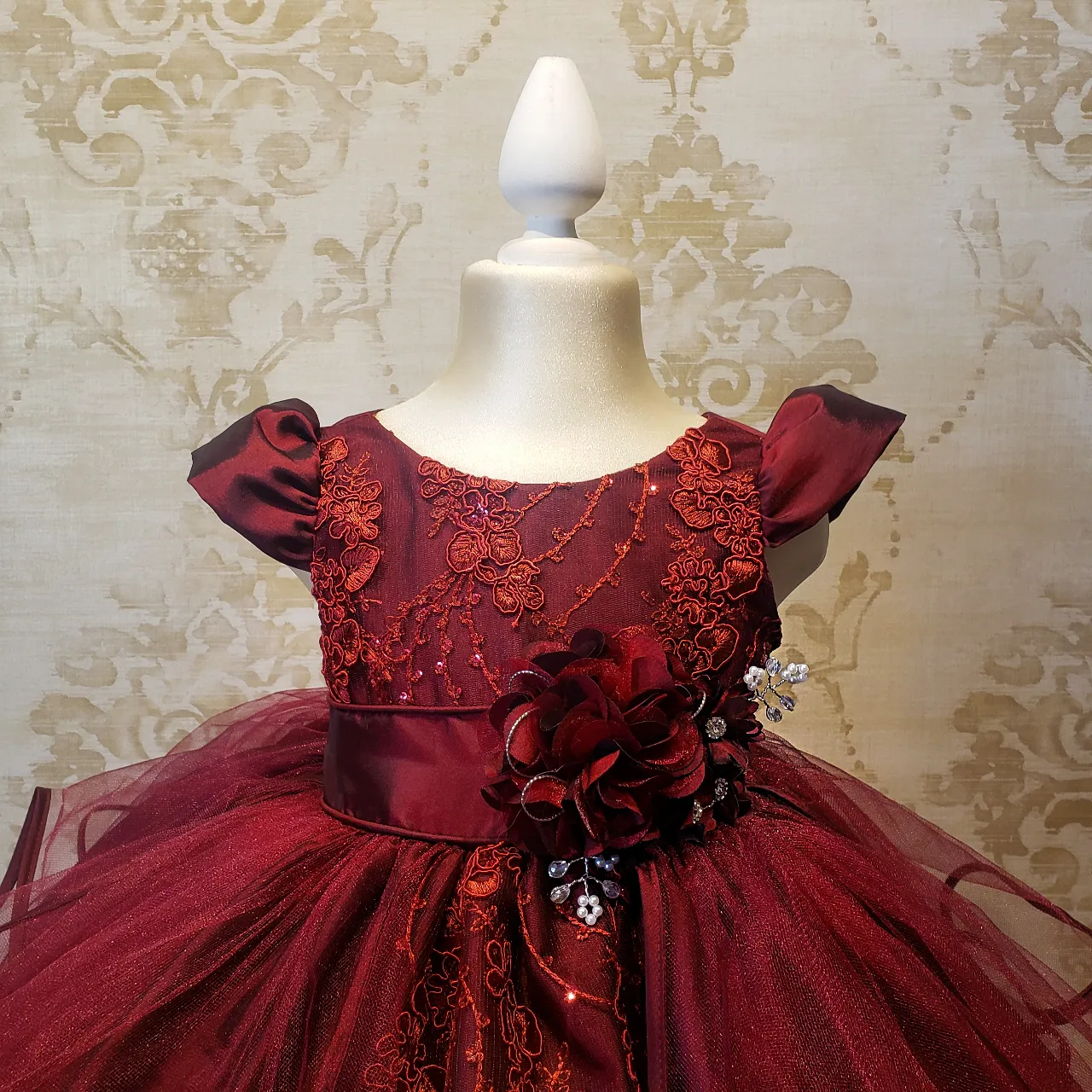Vestido De Niña Fiesta Vino Encaje Bordado con Flor Talla 2 a 8 Años