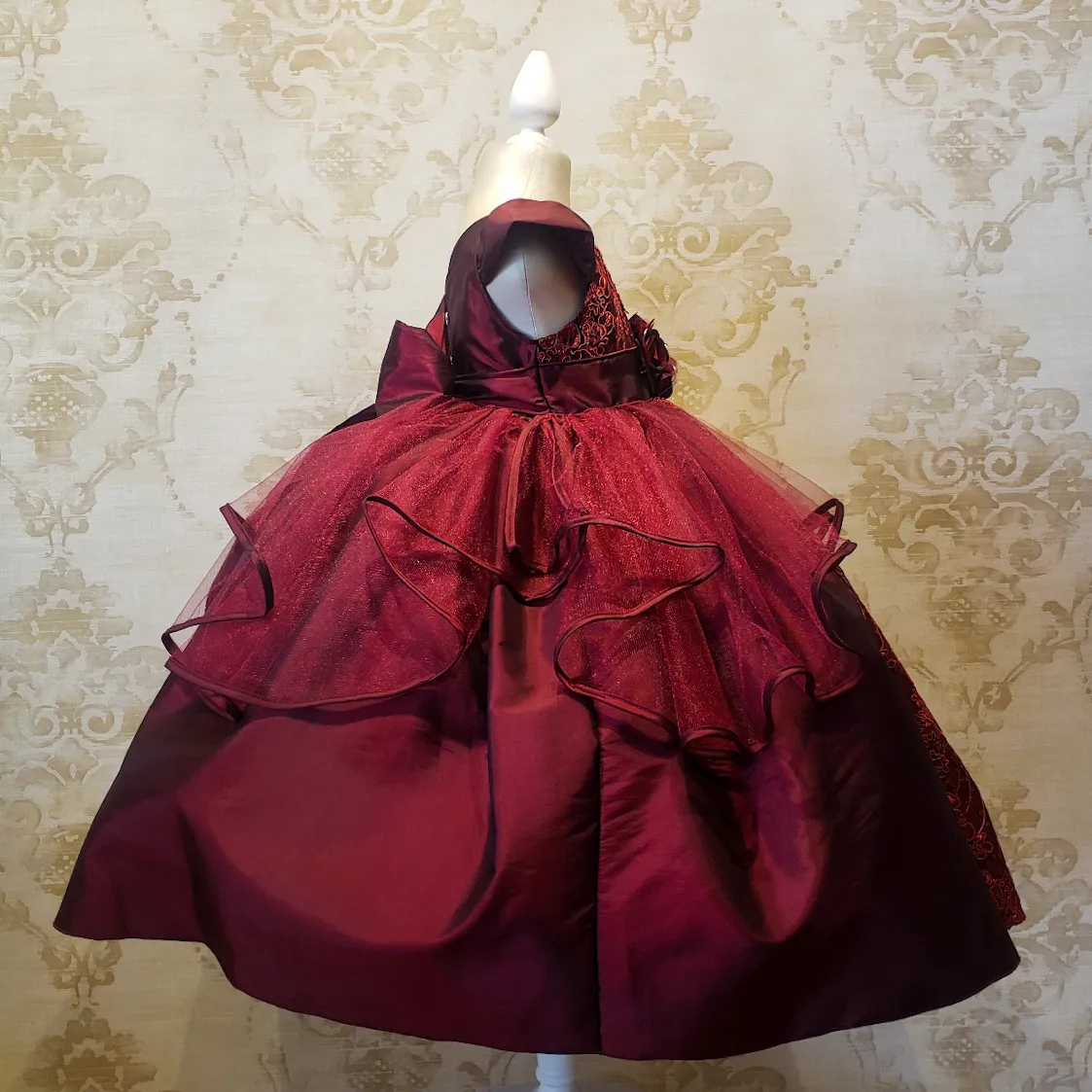 Vestido De Niña Fiesta Vino Encaje Bordado con Flor Talla 2 a 8 Años