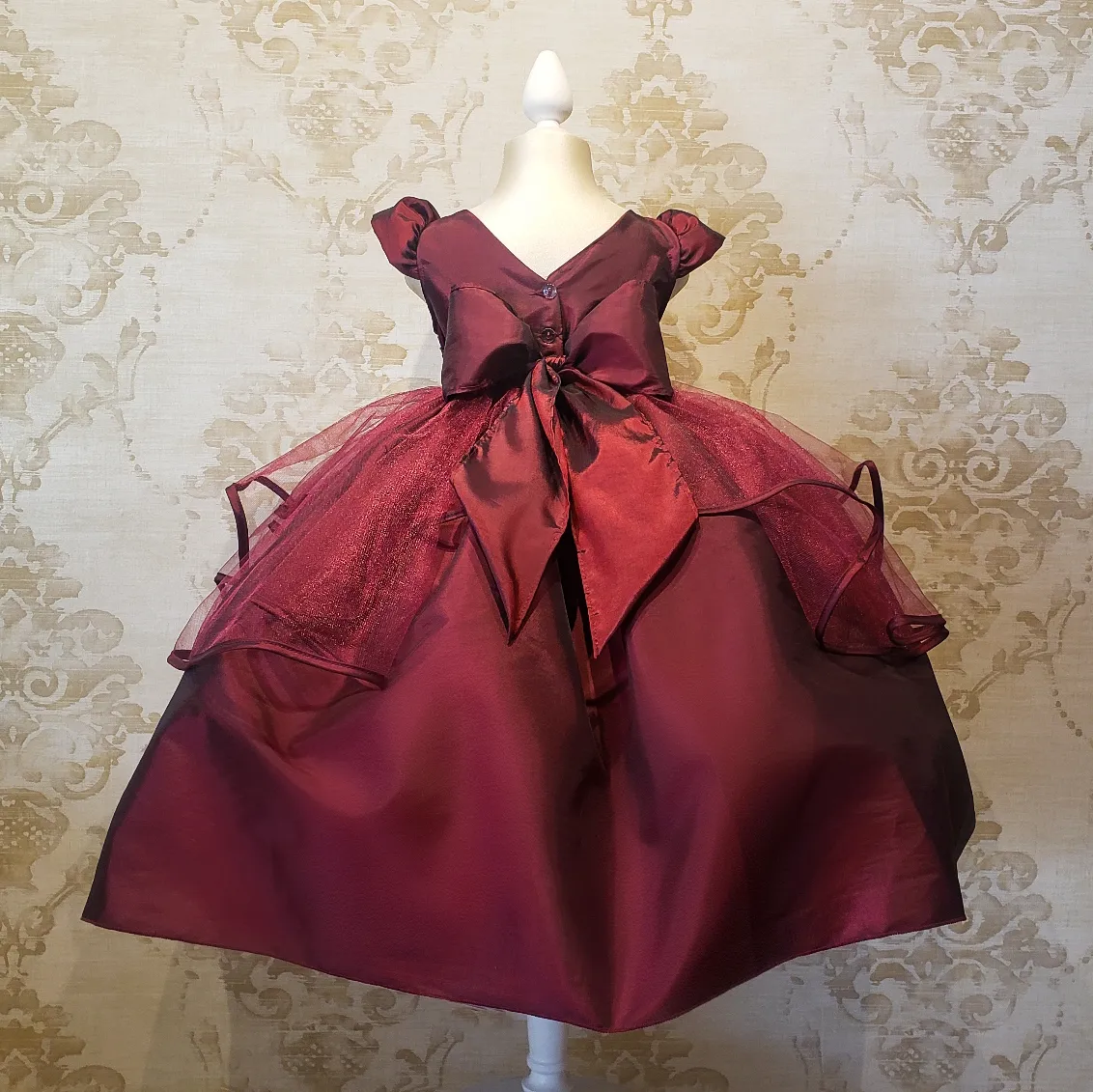 Vestido De Niña Fiesta Vino Encaje Bordado con Flor Talla 2 a 8 Años