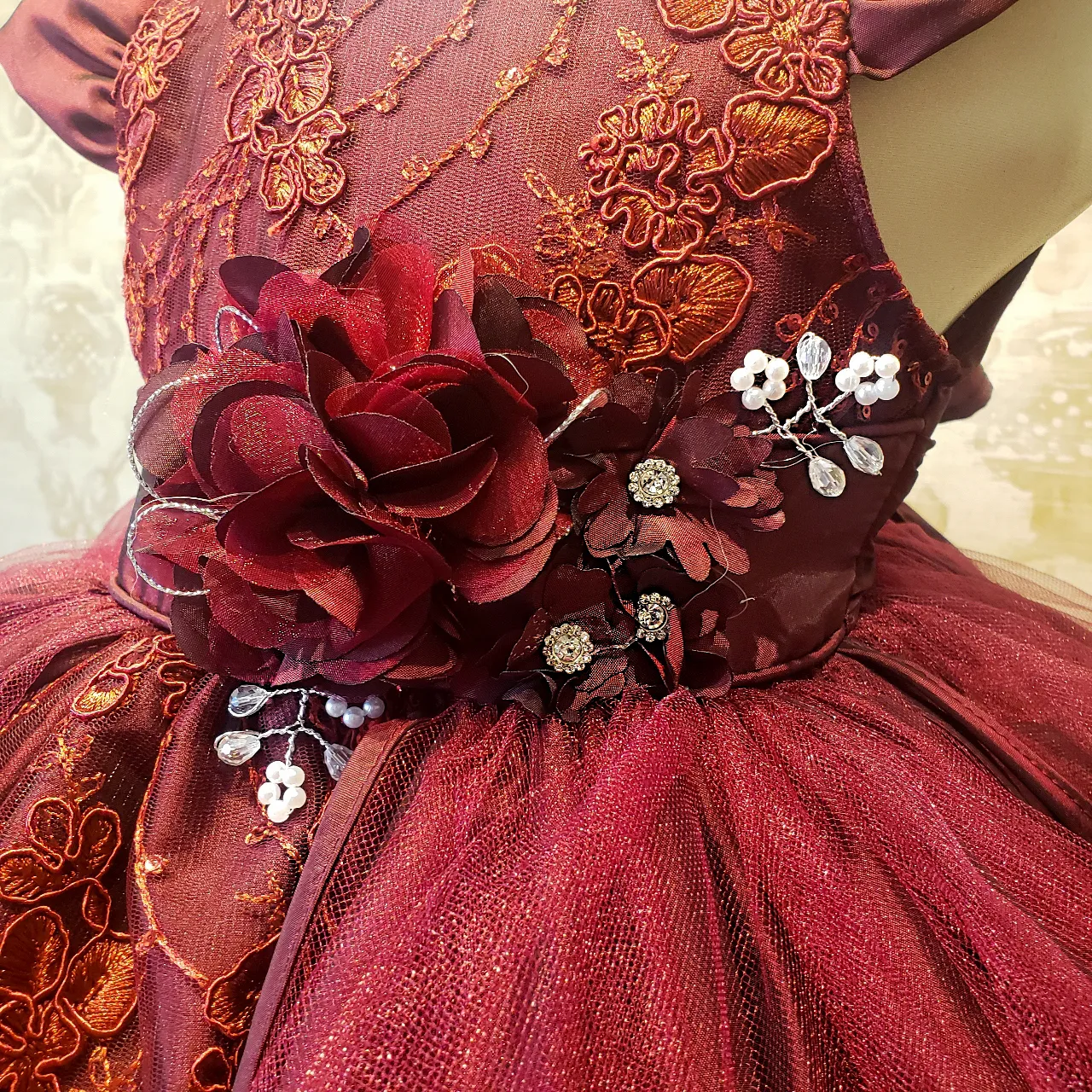 Vestido De Niña Fiesta Vino Encaje Bordado con Flor Talla 2 a 8 Años