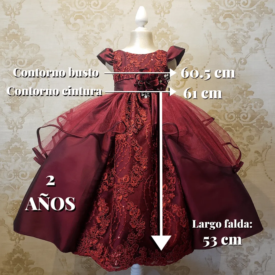Vestido De Niña Fiesta Vino Encaje Bordado con Flor Talla 2 a 8 Años