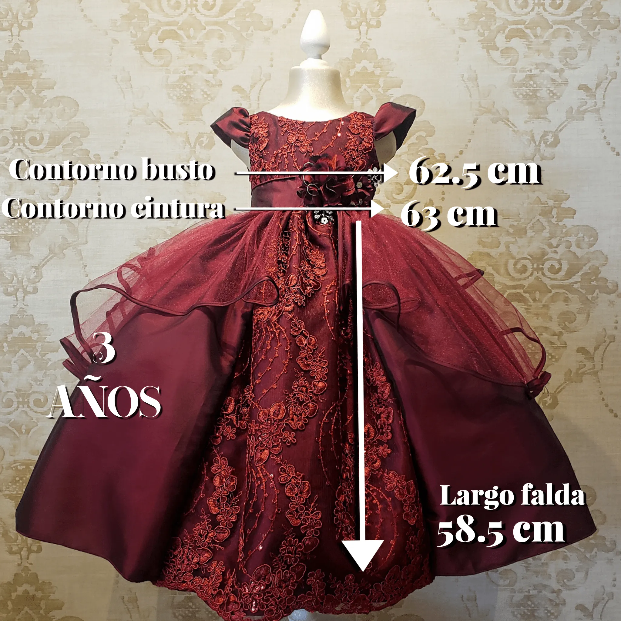 Vestido De Niña Fiesta Vino Encaje Bordado con Flor Talla 2 a 8 Años