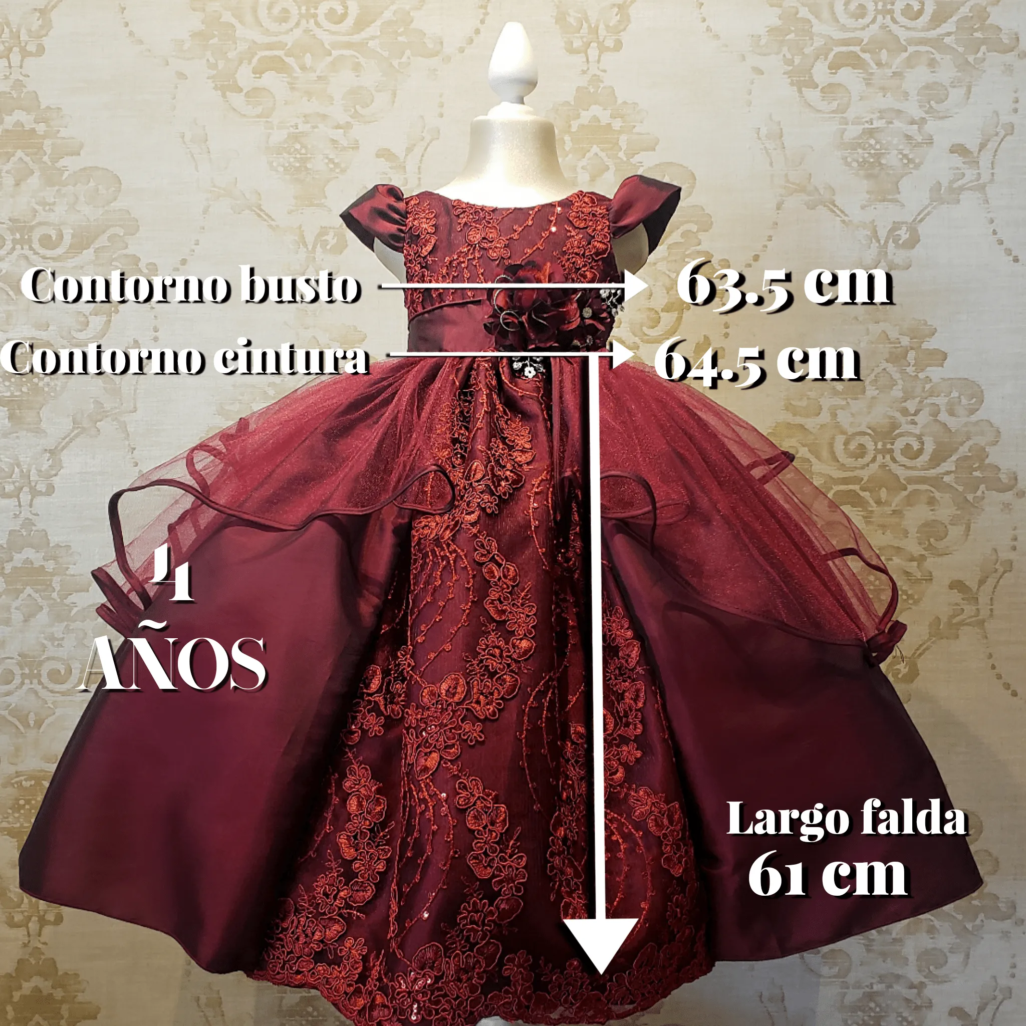 Vestido De Niña Fiesta Vino Encaje Bordado con Flor Talla 2 a 8 Años