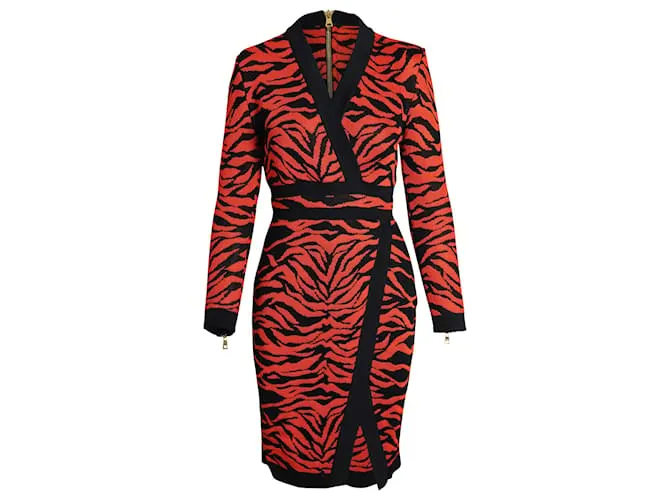 Vestido de punto estampado con efecto cruzado en viscosa naranja de Balmain Impresión de pitón 