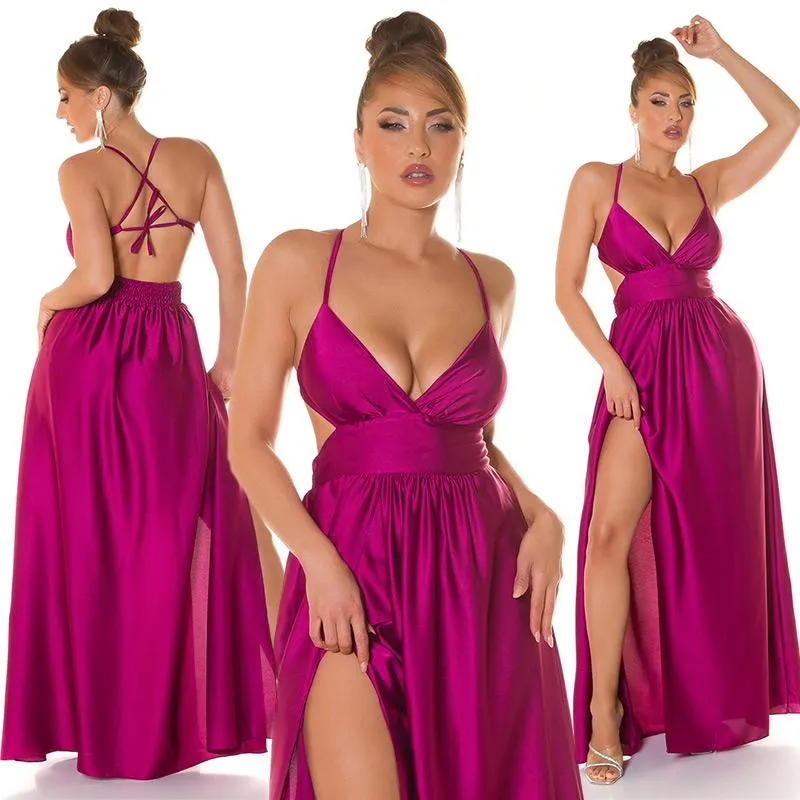 Vestido escotado con abertura sexy rosa